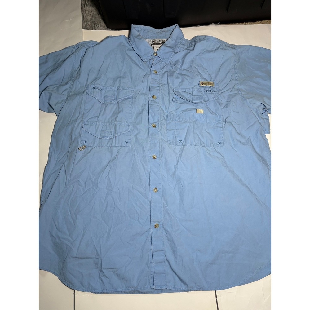 Columbia PFG Fishing Shirt Mens XL Blue‎ Short Sleeve Vented Outdoor Button Up